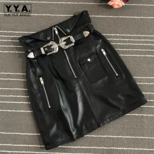 Runway Genuine Leather Skirt Women Streetwear High Waist Sheepskin Short Skirt Zipper Black Party Office Lady Wrap Mini Skirt
