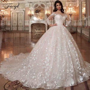 Customized Luxury Scoop A Line Lace Wedding Dresses Appliques Long Sleeve Lace Up Bride Dress Chapel Train Bridal Gown