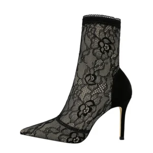 Women Sexy Lace Boots Fashion Pointed Toe Thin Heels High Heel Shoes Winter Ankle Boots