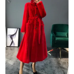 New Real Women's Mink Fur Coat Fashion Long Outwear Thick Warm Fur Jacket Women's Red Plus Size Parkas