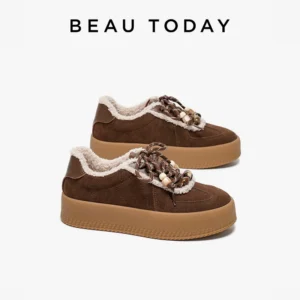 BEAUTODAY Casual Furry Sneakers Women Cow Suede Leather String Bead Traniers Lace-up Female Shoes Handmade 29972
