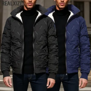 Winter Men's Zipper Stand Collar Jacket Male Casual Warm Thickened Fleece Lined Jacket Coat Streetwear Men Windproof Warm Coat