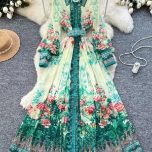 Elegant Palace Style Brand Designer Single Breasted Long Sleeve Floral Maxi Dresses Shirt Women Casual Print Chiffon Dress