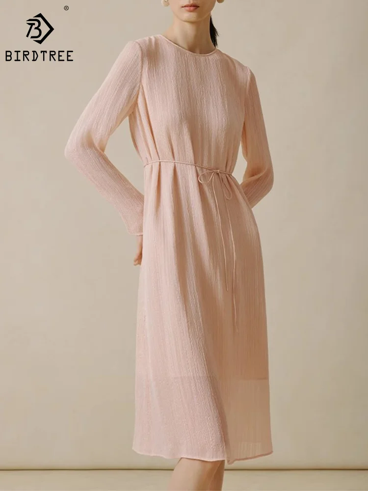 Birdtree 10MM 100%Real Silk Elegant Dresses Women Irregular Stripe Long Sleeve Simple OL Party Dress 2024 Spring Summer D3D768QM