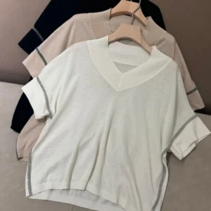 Women's exquisitely trimmed high quality V-neck silk linen casual top