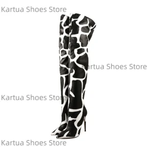 Women's Black White Giraffe-Print Over-The-Knee Boots Pointed Toe Stiletto Heel Elegant Dress Party Ladies Daily Large Size Boot