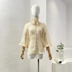 Women Blouse Australia Luxury Design Elegant Beige Long Sleeve Flowers Appliqued See Through Tops