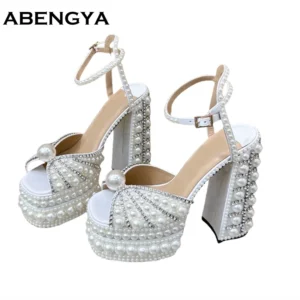 Luxury Summer Platform Sandals Women Pearl Crystal Ankle Strap Wedding Women's Shoes Chunky High Heels Gladiator Sandals Women