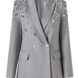ZMEENNA Womens Grey Blazer With Sequin Elegant Double Breasted Suit Jacket Sparkly Beaded Design Party Fashion ZM869