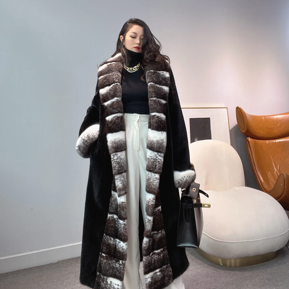 Denny&Dora Women's Mink Fur Coat Black Fur Coat Long Coat With Big Lapel Collar