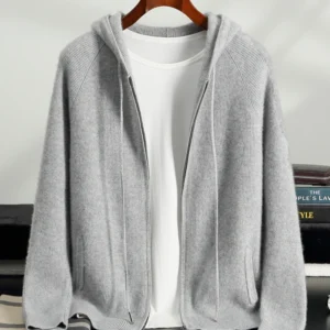 Men's 100% Cashmere Hoodie Sweater Thick Zipper Cardigan Smart Casual Soft Warm High Quaity Autumn Winter Knitted Coat Top