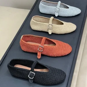 Spring New Sle Woven Leather Mary Jane Flat Bot Women's oes Casual Low Heel Rubber Outsole round Toe Slip-On oes
