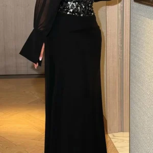 Women's O-neck High Waist Sexy Evening Dress Elegant Spring Slim Fit Pleated Long Dresses Chiffon Sequin Patchwork Black Dress