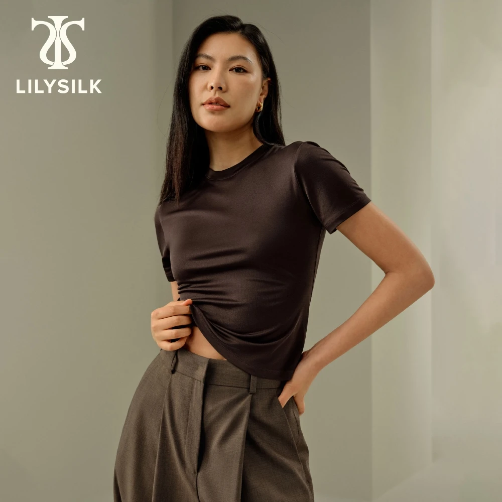 LILYSILK Women's Slim Fitted Silk Jersey Tee with Short Sleeves and Round Neck