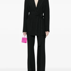 HIGH STREET Newest Fashion 2024 Designer Suit Set Women's Contrast Stitching Belted Blazer Pants Suit 2pcs