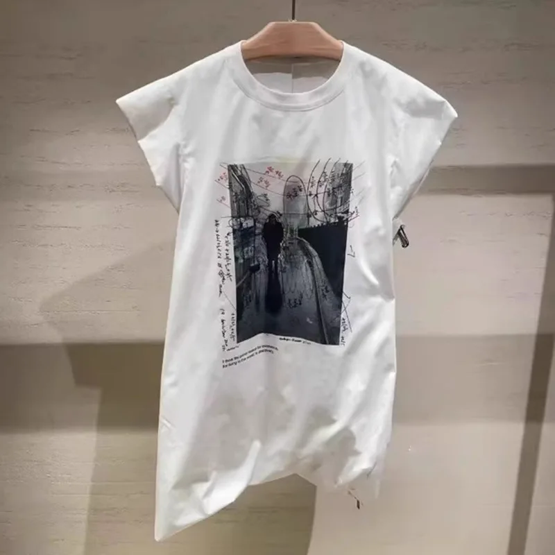 Niche 2025 spring and summer new white printed round neck loose sleeveless T-shirt woman y2k clothes