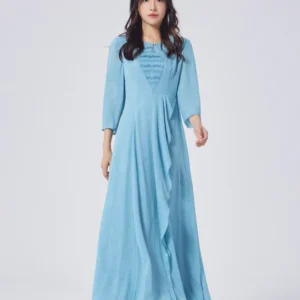 VOA jacquard georgette silk three-dimensional decorative pleated nine-quarter sleeve medium and long slim temperament dress
