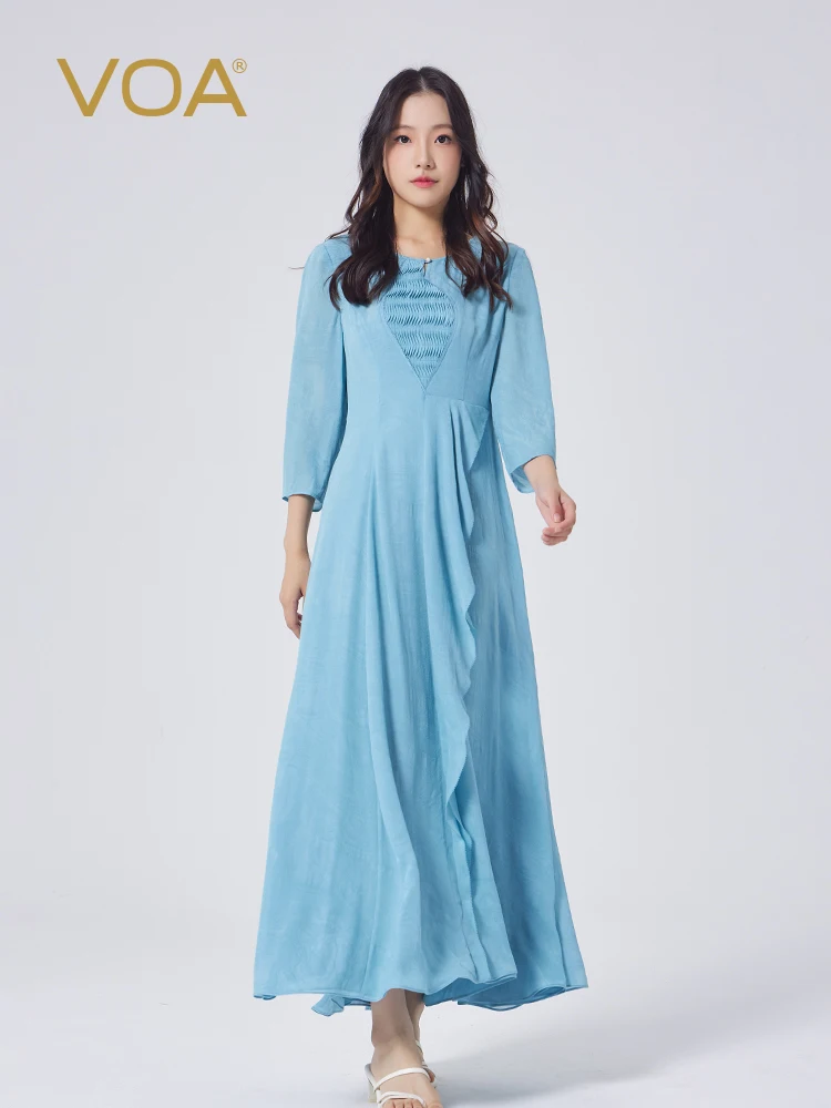 VOA jacquard georgette silk three-dimensional decorative pleated nine-quarter sleeve medium and long slim temperament dress