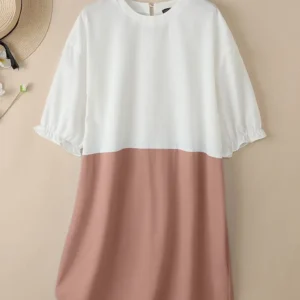 ZANZEA Fashion Color-Blocked Denim Patchwork Dresses Women Casual O-Neck 3/4 Sleeve Rounded Hem Knee-Length Dress Woman Clothes