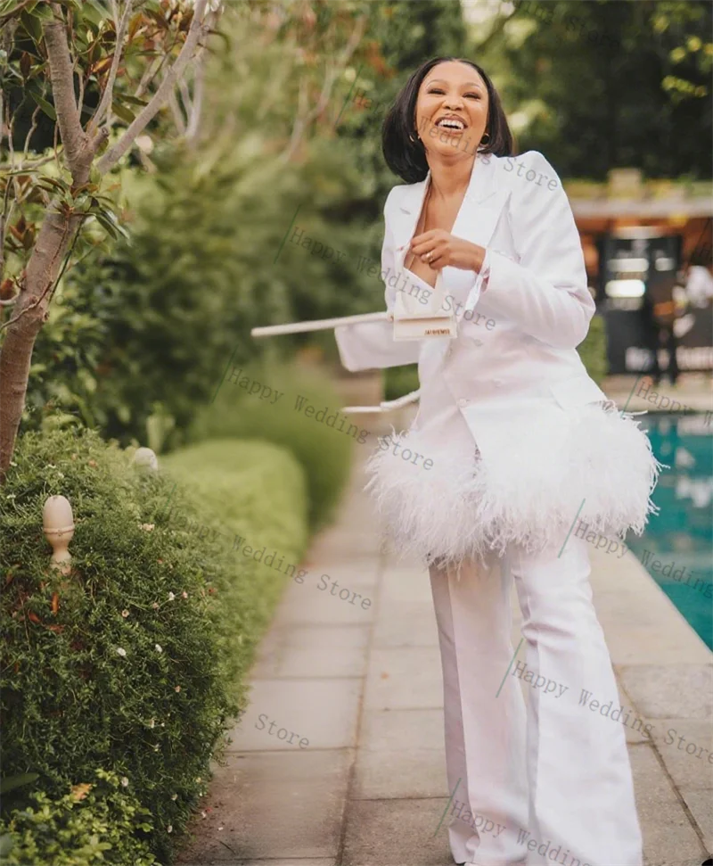 Feather White Women Suit Set 2 Piece Blazer+Pants Trousers Cotton Formal Office Business Lady Jacket Customized Wedding Coat