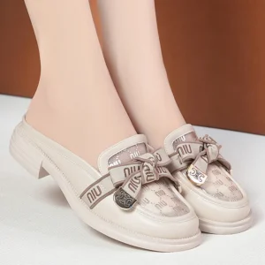 Loafers Baotou Half-Slippers Women'S Single Shoes 2023 New Summer Women'S Shoes Bowknot Hollow Mesh Outer Wear Sandals Fashion