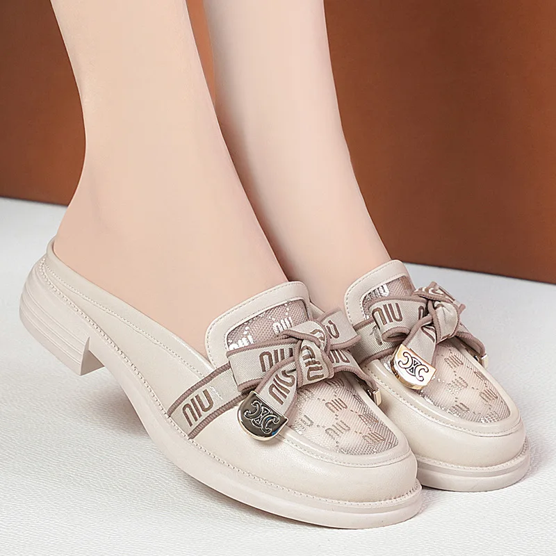 Loafers Baotou Half-Slippers Women'S Single Shoes 2023 New Summer Women'S Shoes Bowknot Hollow Mesh Outer Wear Sandals Fashion