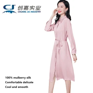 Luxury Mulberry Silk Women's Long-sleeved Dress Apricot Silk Simple Temperament Lace-up Skirt Outdoor Business Casual Comfort