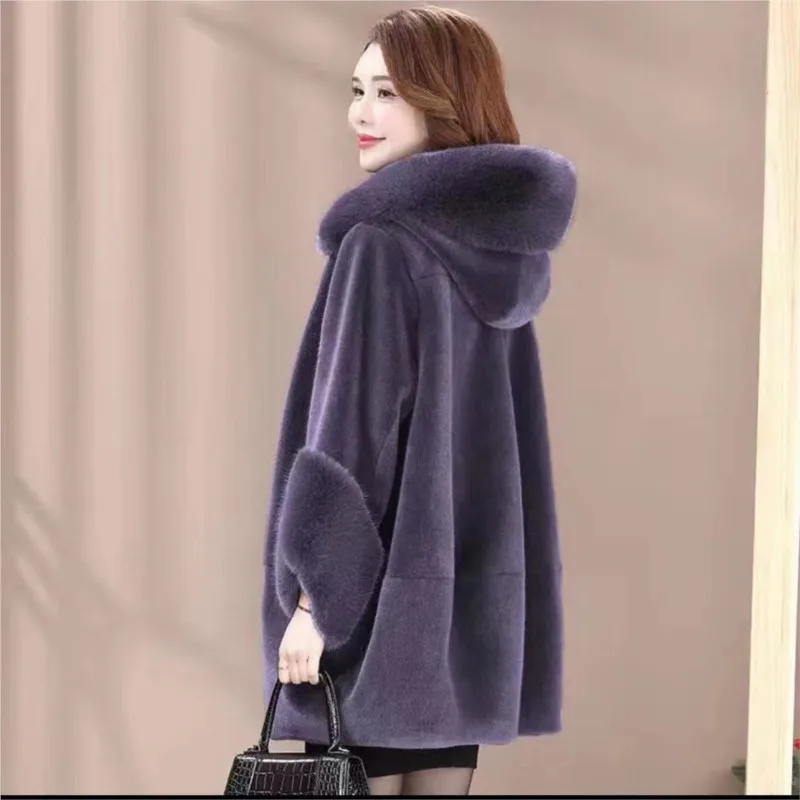 Thickened fur one-piece coat mixed with mid-length fleece mom dress for women