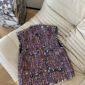 Women's autumn and winter wool woven coarse tweed vest loose fit top vest custom metal buckle with retro four pocket matching