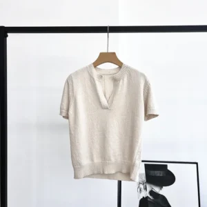 2025 Summer New Women'S Pullover V-Neck Short Sleeve Solid Color Simple Slim Fit Hollow Knit Tops