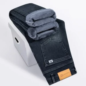 Winter Fleece Thickened Warm Men's Jeans Retro Blue Velvet Straight Leg Length Nine-point Denim Trousers Lined Wool Pants