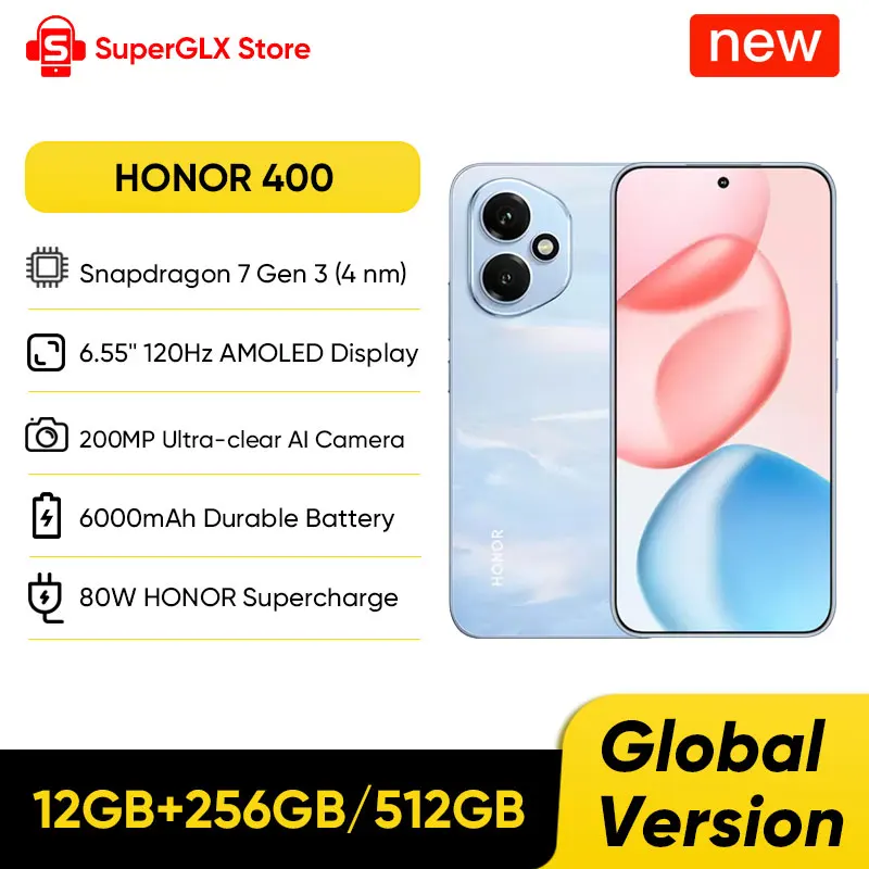 Original New Global Version HONOR 400 5G Smartphone Snapdragon 7 Gen 3 6.55" 120Hz AMOLED Display 200MP 6000mAh 80W SuperCharge