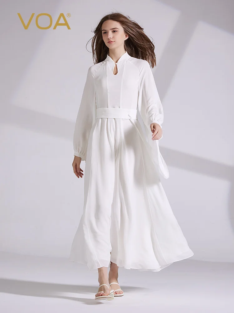 VOA silk georgette water drop cheongsam collar light yarn dance waist seal thin Chinese pipa long-sleeved big swing dress
