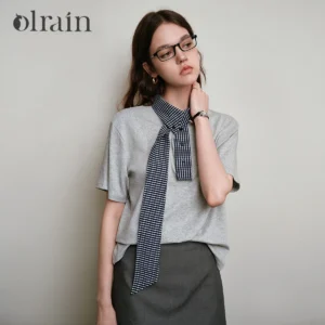 OLrain Women's Summer T-shirt 2025 Office Lady Cotton Knit Splicing Plaid Tied Collar Short Sleeve Tee Woman Clothing O57XT98631