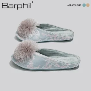 Stylish Women's Indoor Cotton Slippers with Pom-Pom for Autumn Winter Anti-Slip Silent Toe-Covered Chinese Style Ladies Slippers