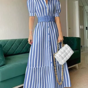 Women Long Dress Striped Single Breasted Loose Maxi Dresses with Belt Sashes Office Lady Vestidos Fashion Outfit Summer