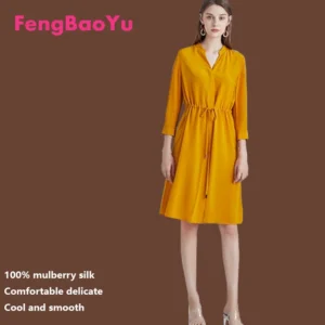 Spring summer 100% Silk Women's Dress Dark Green Stand Collar Lace-up Mid-length Skirt Business Casual Temperament Women's Dress