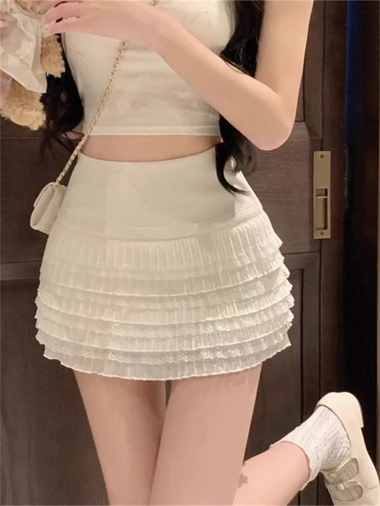 Korean Sle High Waist Pleated Lace ort Skirt Women's Sweet Spicy Girl Cake f Body Skirts Autumn New Faion