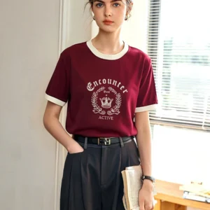 OLrain Women's Short Sleeve Graphic T-Shirt Summer Tees 2025 American Retro Contrast Crew Neck Red Top Woman Clothing O57XT98985