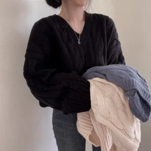 Vintage Twist Cropped Sweater Pullover Women Autumn Winter Loose V-Neck Knitted Jumper Lazy Style Classic Long Sleeve Knitwear