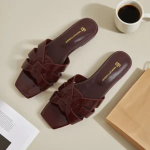 Summer Women's Slippers Genuine Leather Square Toe Open Toe Flat Bottom Fashion Party Shoes Plus Size 34-44 Outdoor Beach Shoes