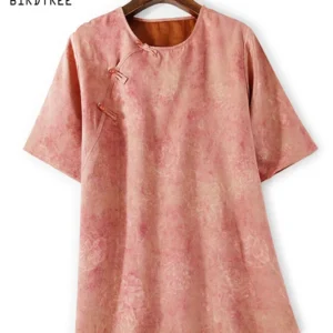 BirdTree- Silk Watered Gauze Elegant T-Shirt, Women O Neck Short Sleeve Jacquard, Retro Commute Loose Top, 2025 Summer T57726CC
