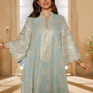 Muslim Women's Light Blue Islamic Embroidered Abaya with Gold Detailing Ideal for Formal Events in Middle East like UAE Saudi