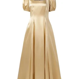 ZANZEA Women Satin Wedding Guest Party Long Dresses Elegant Chic Square Neck Short Puff Sleeve Fitted Waist A-Line Dress S-3XL