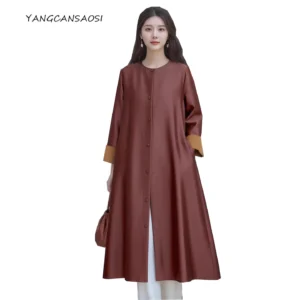 Women's Fashion Autumn New Clothing 100% Natural Mulberry Silk Red Cloud Yarn Medium Long Jacket Long Sleeved Windbreaker Dress