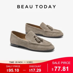 BEAUTODAY Casual Loafers Women Suede Leather Tassel Round Toe Slip On Sewing Flats Bussiness Ladies Shoes Handmade 26277