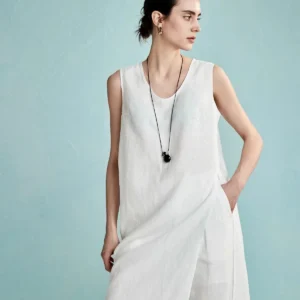 All-linen U-neck side-slit smock female Spring/Summer 2025 Sleeveless top