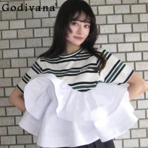 Japanese Style Sweet T-shirt 2025 Summer New Women's Ruffle Edge Splicing Striped Top Ladies Casual Bud Tees Women Clothing