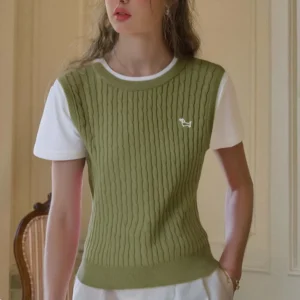 VIMLY Women's Commuting Knitted Short Sleeve T-shirt 2025 Summer Casual Color Blocking Splicing Fake 2pcs Slim Fit Simple Tops