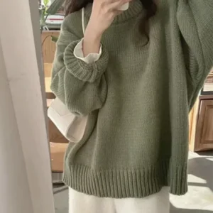 CJFHJE Preppy Style Green Sweaters Women Vintage Long Sleeve Knitted Pullovers Female Casual O-neck Loose Solid Color OL Sweater